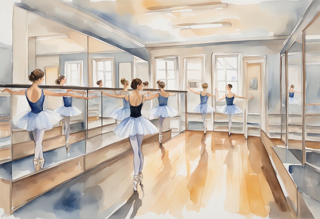 A bright studio with mirrors, ballet barres, and a stereo system. Dance shoes and leotards are neatly organized on shelves. A friendly instructor welcomes a group of eager beginners