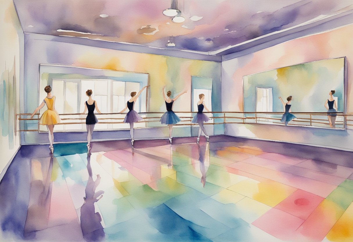 A dance studio with mirrors, ballet barres, and colorful dance floor. Music playing in the background, and dance shoes scattered around