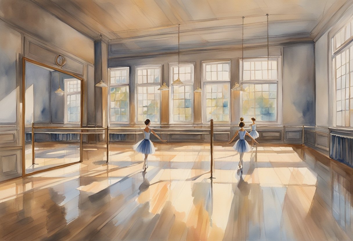 A studio with a wooden dance floor, mirrors on the walls, and a ballet barre. Light streams in through large windows, casting a warm glow on the space. Music notes float in the air
