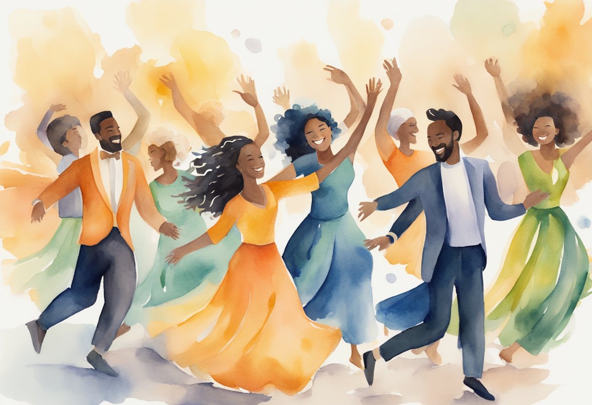 A group of diverse individuals smiling and moving gracefully to the rhythm of music, expressing joy and freedom through dance