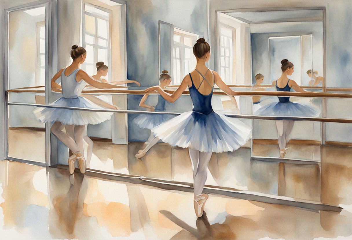 A ballet dancer practicing at the barre, focused and determined, with a mirror reflecting her movements