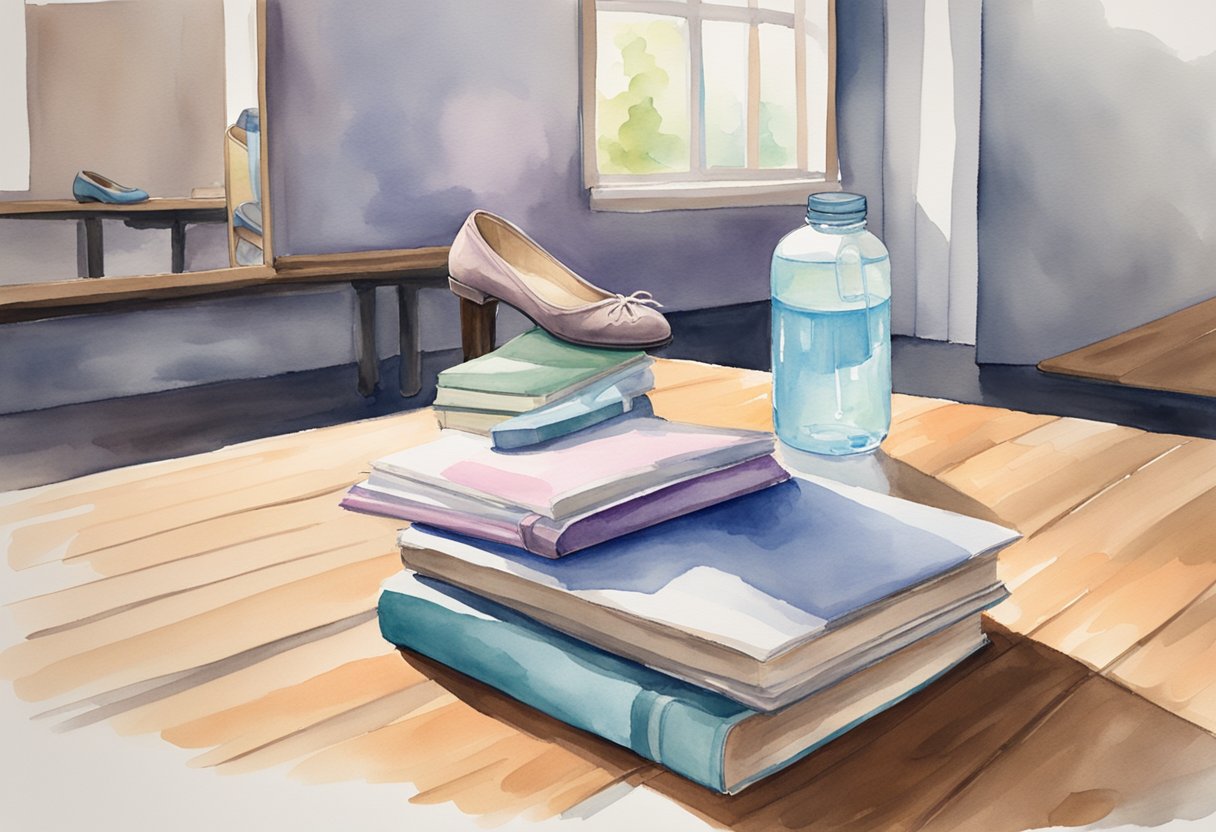 A dance studio with mirrors, ballet barres, and a wooden floor. A stack of beginner's guide books on a table, along with a pair of dance shoes and a water bottle