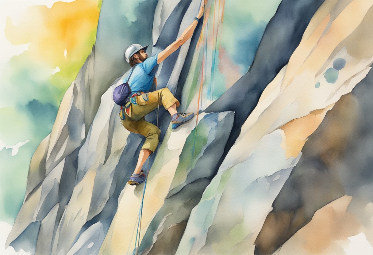 A boulderer scales a steep rock face, marked with colorful grading systems. Chalked holds and dynamic movements illustrate the beginner's guide to bouldering