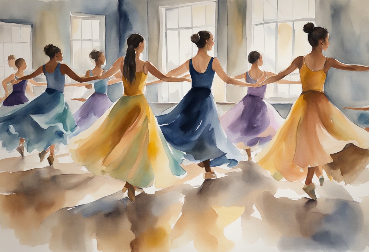 A group of diverse dancers practice in a studio, mirroring each other's movements with focus and determination. The room is filled with energy and passion for the art of dance