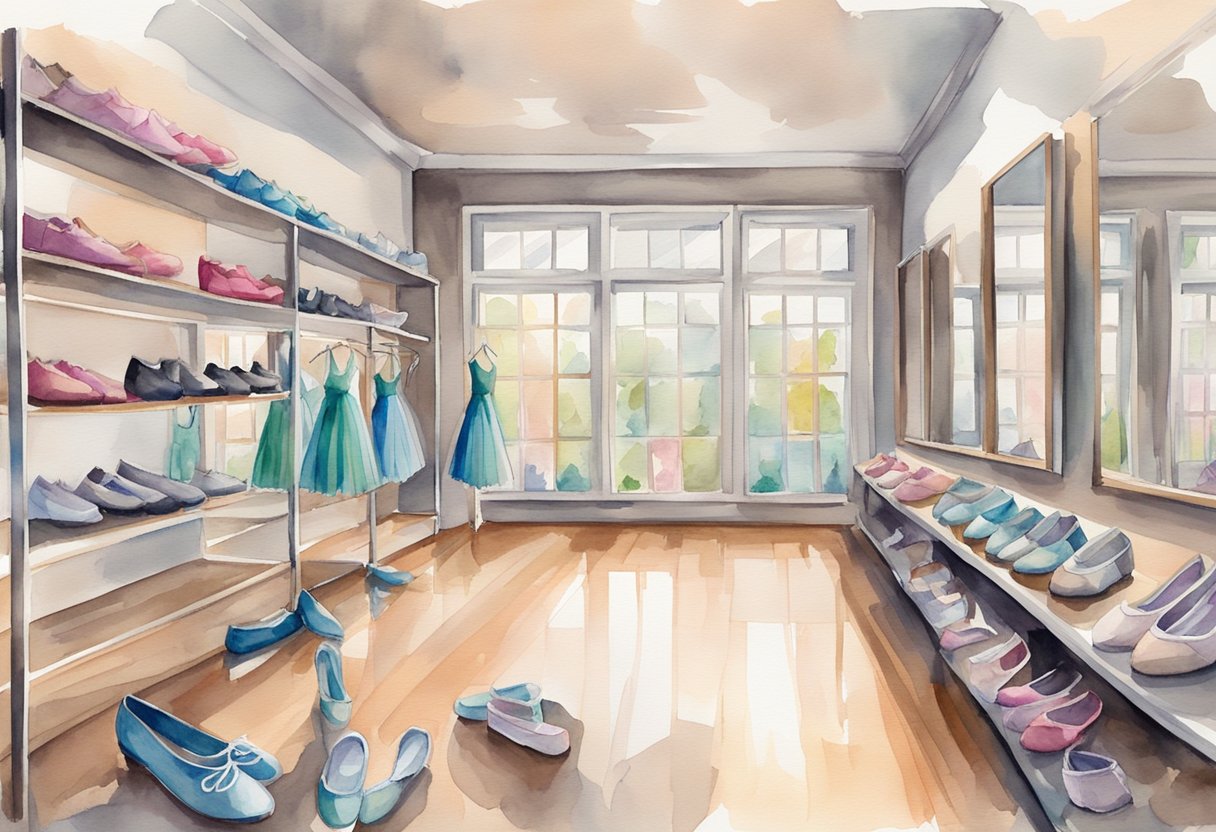 A dance studio with mirrors, ballet barres, and a stereo playing upbeat music. A collection of dance shoes and accessories are neatly organized on shelves