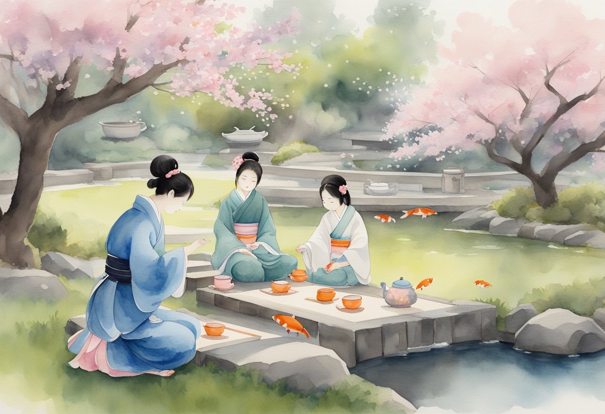 A traditional tea ceremony in a peaceful garden setting, with a backdrop of cherry blossoms and a serene koi pond