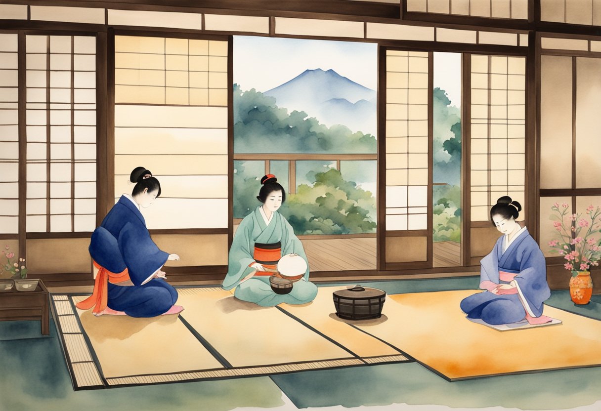 Japanese hobbies: tea ceremony, calligraphy, flower arranging. Traditional setting with tatami mats, sliding doors, and paper lanterns