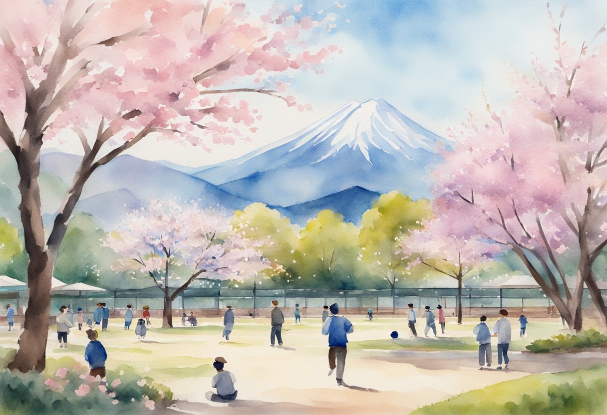 People playing baseball in a local park in Japan. Mountains in the background. Cherry blossom trees in bloom. Bright sunny day