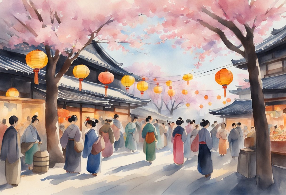 A bustling Japanese festival with colorful lanterns, traditional dance performances, and food stalls. Cherry blossoms adorn the scene, adding to the festive atmosphere