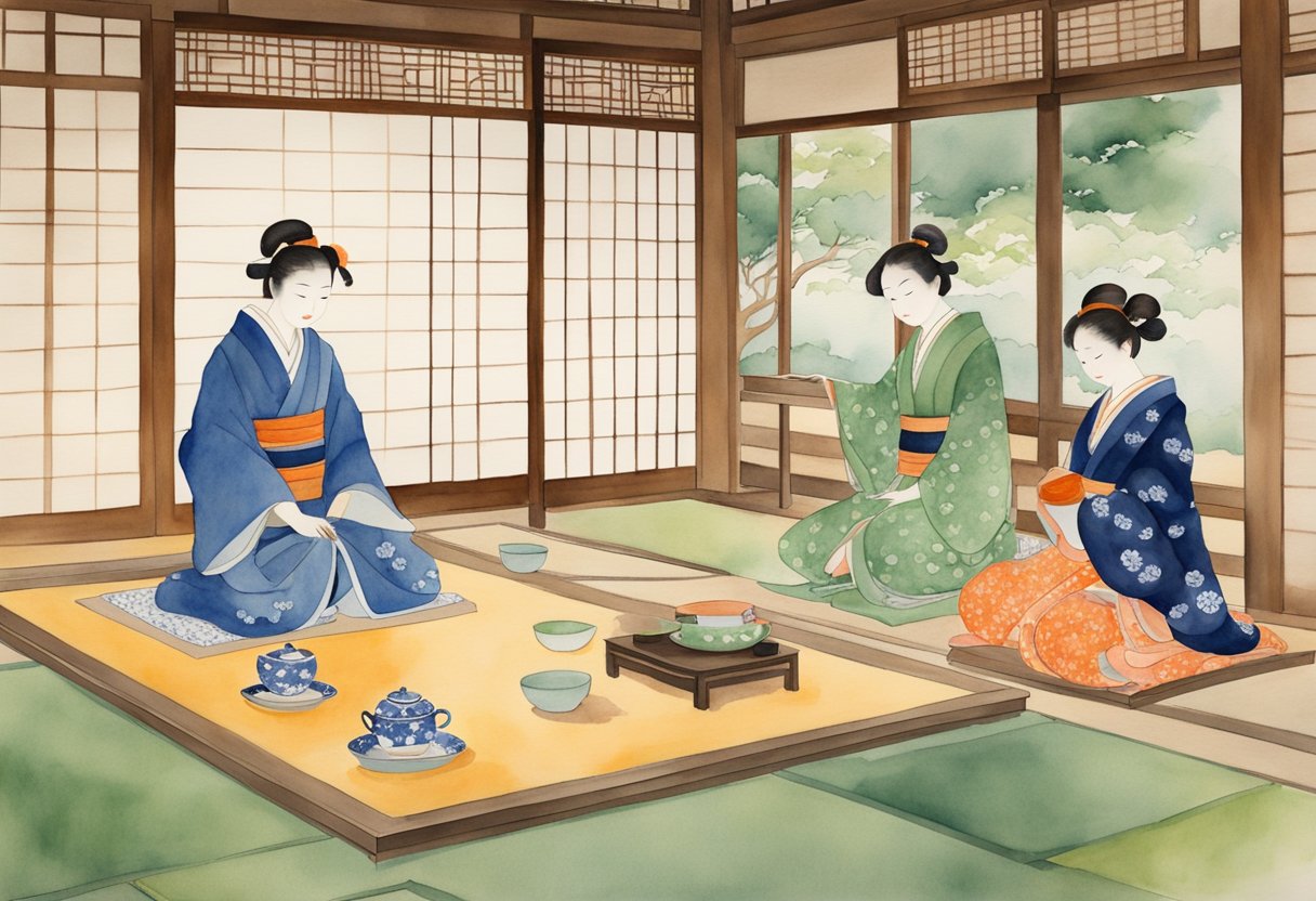 A traditional Japanese tea ceremony unfolds in a serene tatami room, with intricate kimono-clad figures delicately pouring and sipping matcha