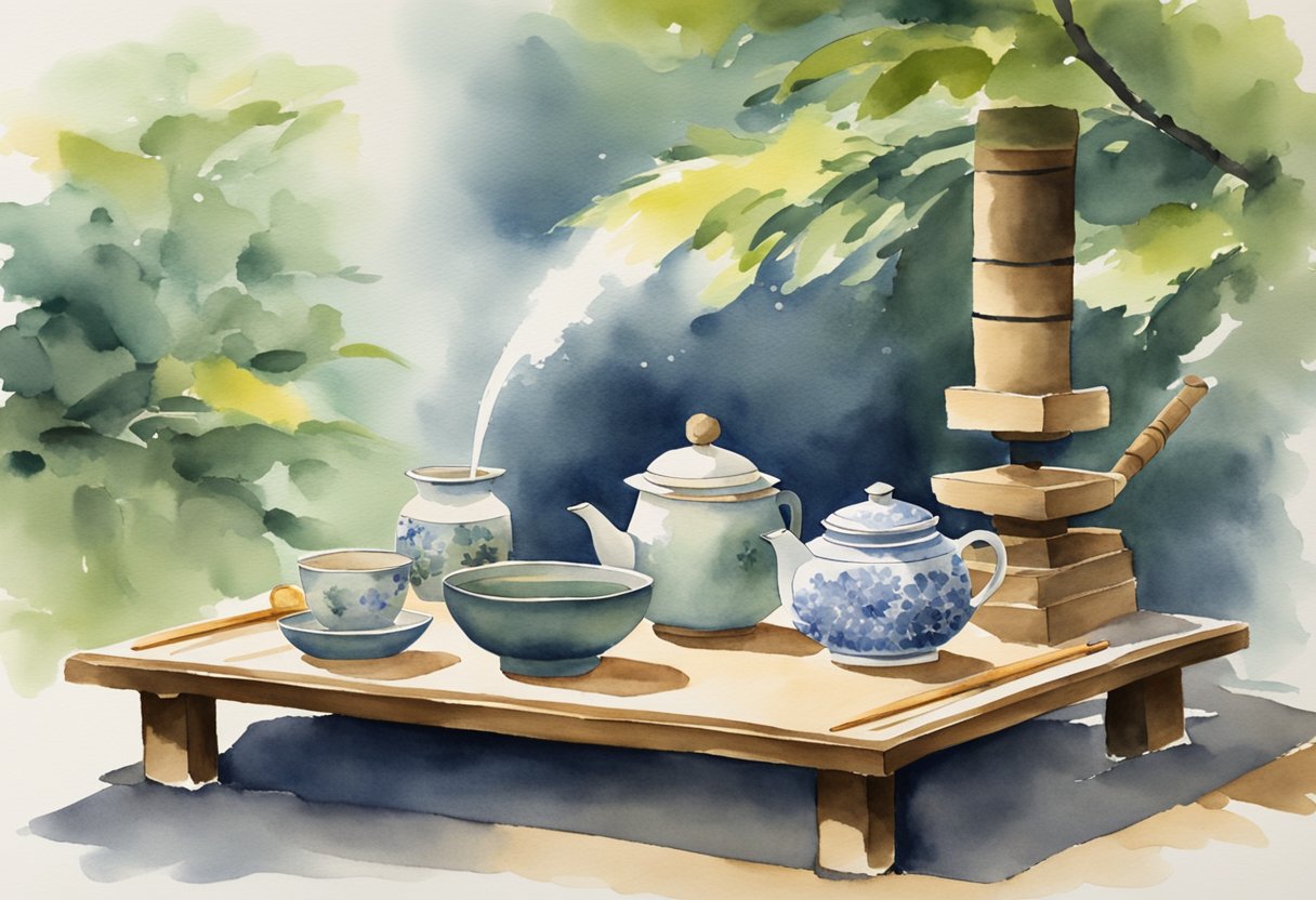 A traditional Japanese tea ceremony set on a beautifully decorated tatami mat, with delicate tea utensils, a serene garden backdrop, and the soft sound of water trickling from a bamboo fountain