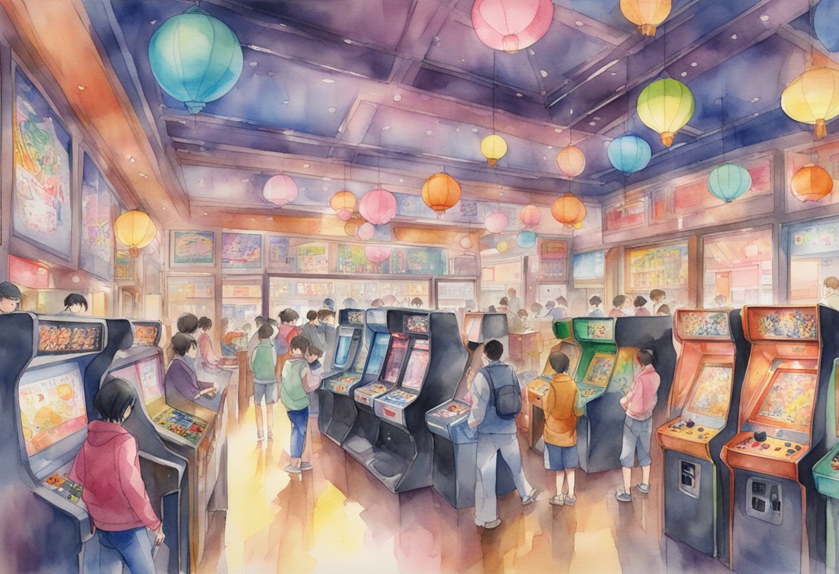 A bustling Japanese arcade with colorful game machines, anime-themed decor, and enthusiastic players enjoying various multimedia entertainment activities