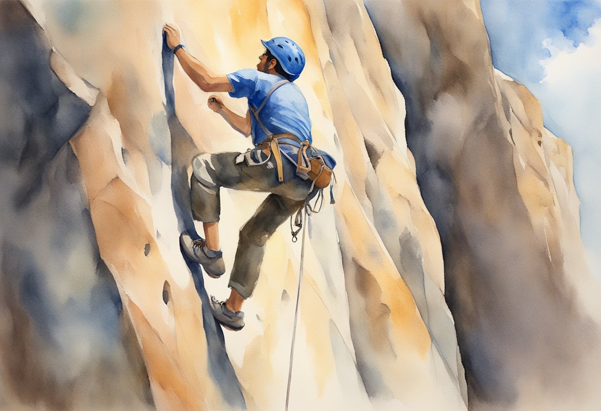 A climber scales a rock wall, using only hands and feet to navigate. Chalk dust clouds the air as they reach for the next hold