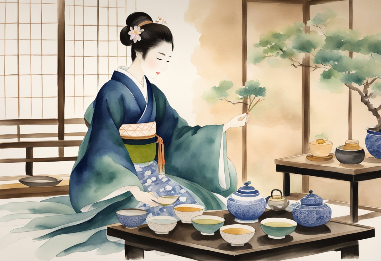 A traditional Japanese tea ceremony, with a kimono-clad hostess performing precise, graceful movements while preparing and serving matcha tea in a serene tatami room adorned with beautiful calligraphy and ikebana arrangements