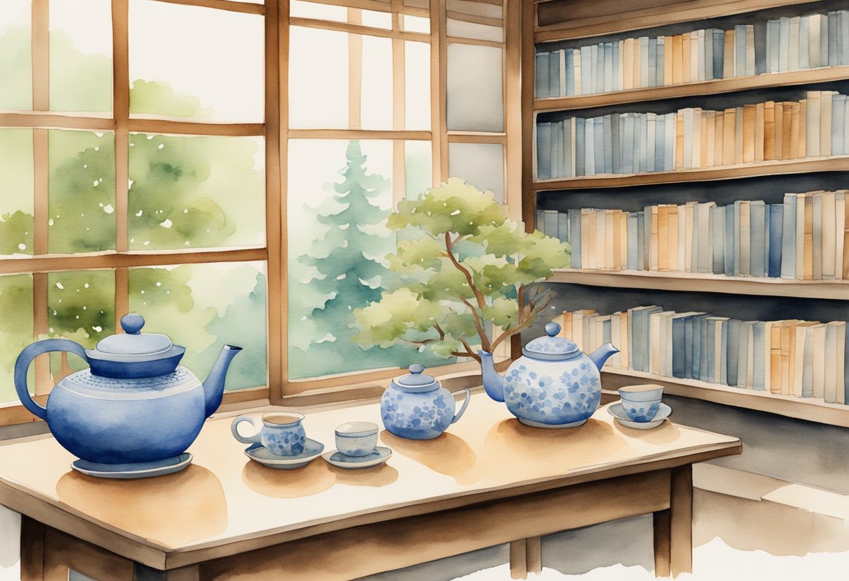 A serene Japanese garden with a traditional tea ceremony set-up, surrounded by shelves of books on history and culture