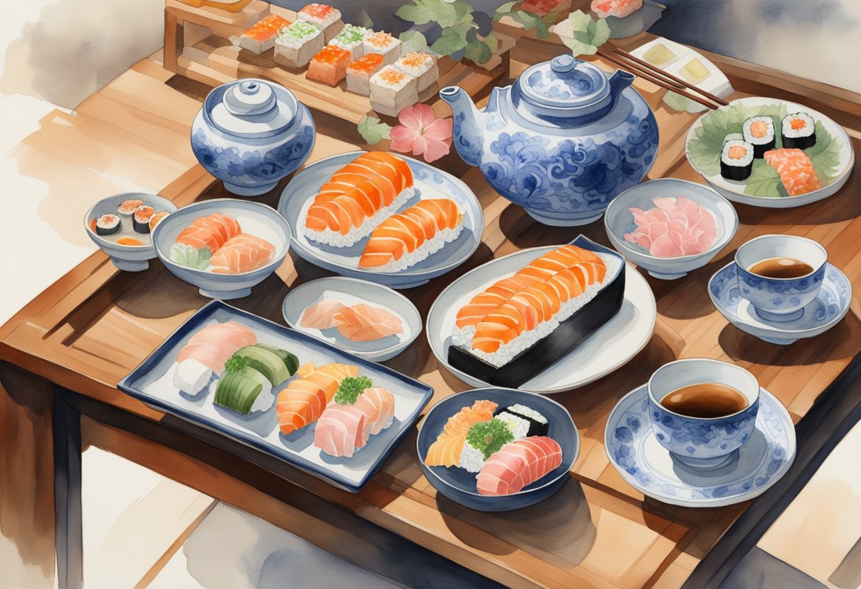 A traditional Japanese tea ceremony with a beautifully arranged display of sushi, sashimi, and other delicacies on a wooden table, surrounded by elegant porcelain dishes and chopsticks