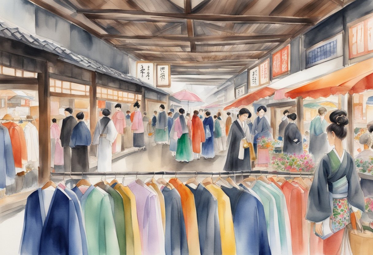 A colorful array of traditional and modern Japanese fashion and apparel displayed in a bustling market setting, showcasing the cultural significance and history of this popular hobby