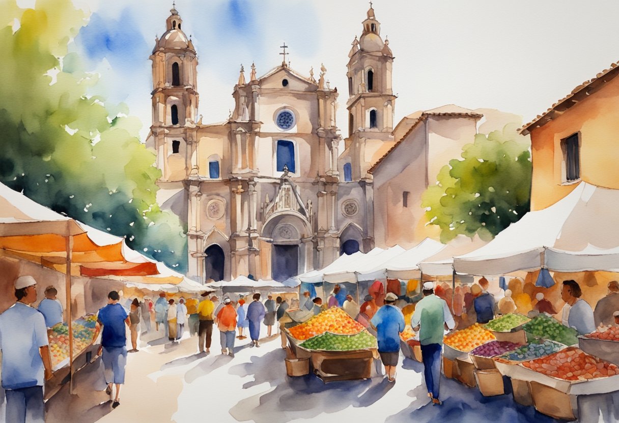 A bustling Spanish market with colorful textiles, traditional pottery, and lively music. A historic cathedral looms in the background, surrounded by vibrant street art