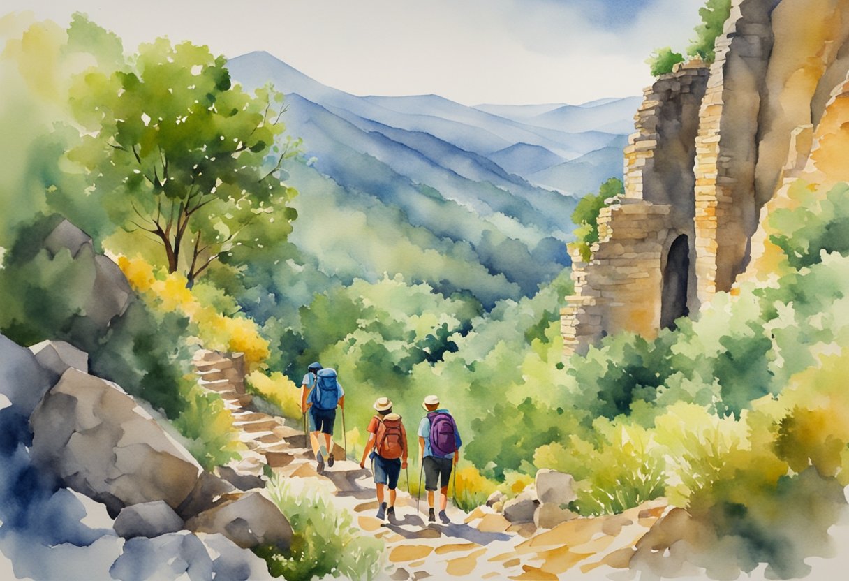 A vibrant scene of hikers trekking through lush forests, climbing rocky mountains, and exploring ancient ruins in Spain. The landscape is filled with vibrant colors and diverse natural beauty