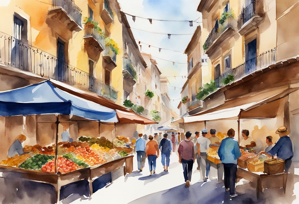 A bustling Spanish street market with colorful stalls selling traditional crafts, local delicacies, and historical souvenirs. Tourists and locals mingle, immersing themselves in the rich culture and history of Spain