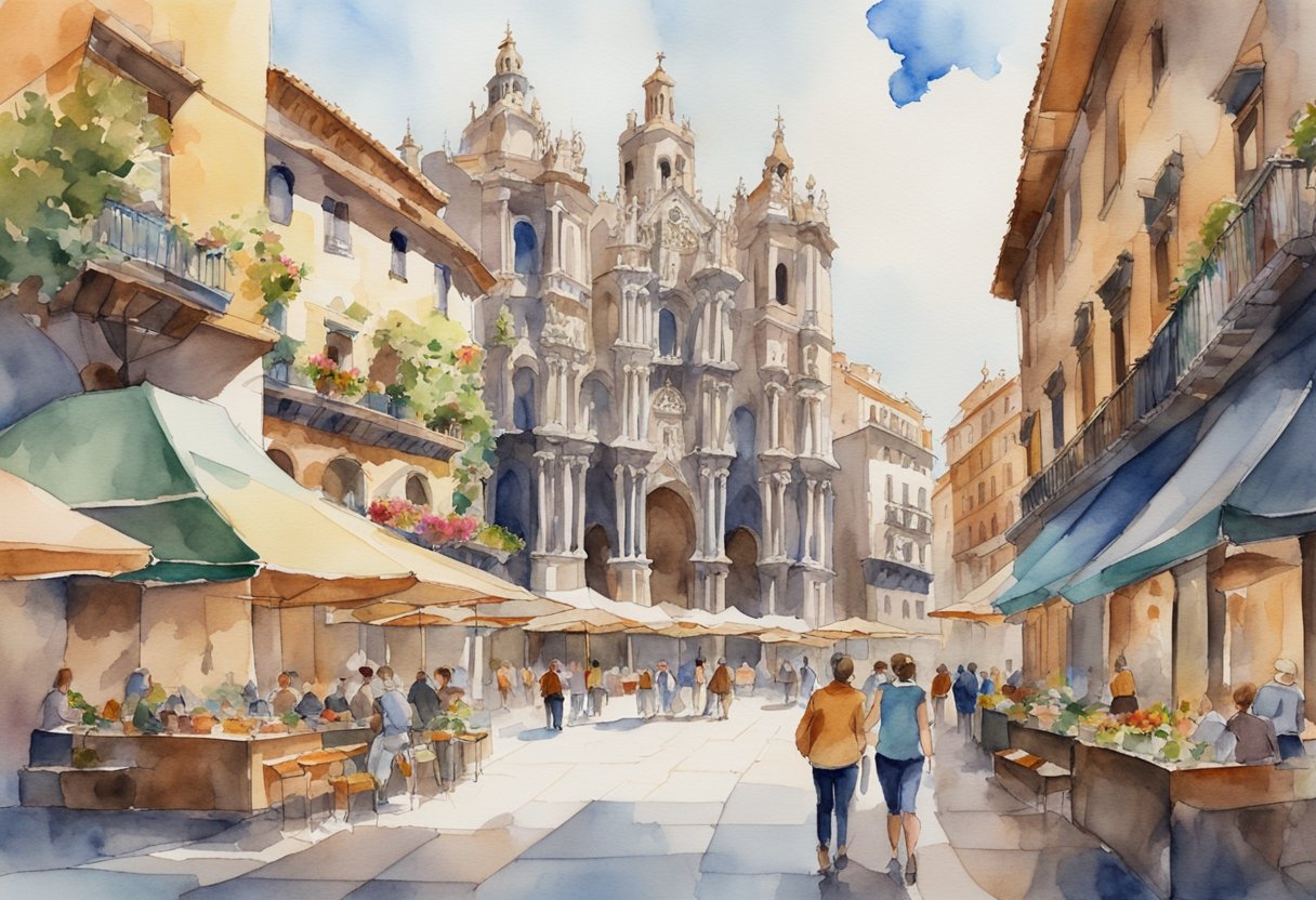 A bustling Spanish plaza surrounded by colorful, ornate buildings with intricate architectural details, including grand cathedrals and historic landmarks