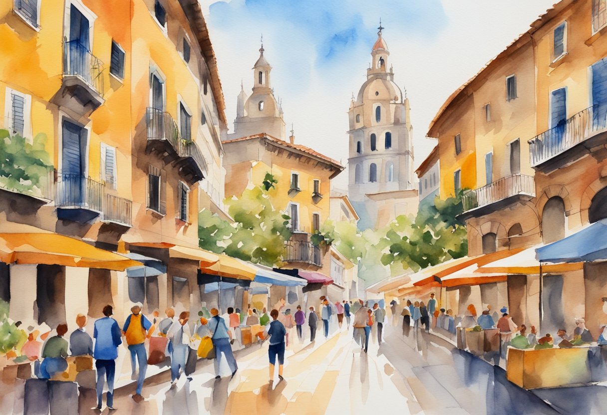 A bustling Spanish city with colorful architecture, winding streets, and lively plazas filled with locals and tourists. Historical landmarks and cultural attractions are scattered throughout, creating a vibrant and dynamic urban landscape