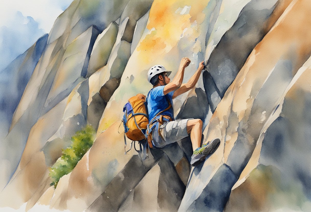 A climber reaches for a small, colorful hold on a steep boulder wall. Chalk dust fills the air as they focus on their next move