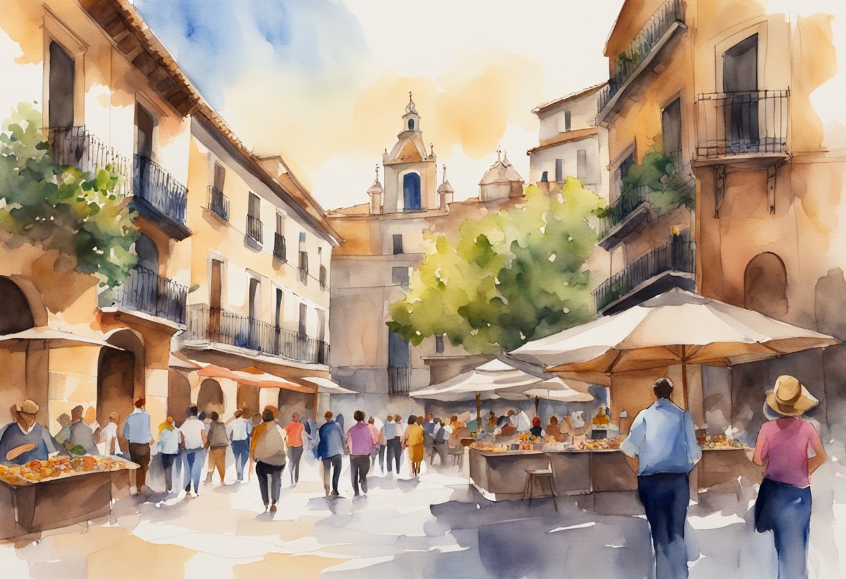 A bustling Spanish plaza with historic architecture, vibrant street art, and locals engaging in traditional activities like flamenco dancing and tapas tasting