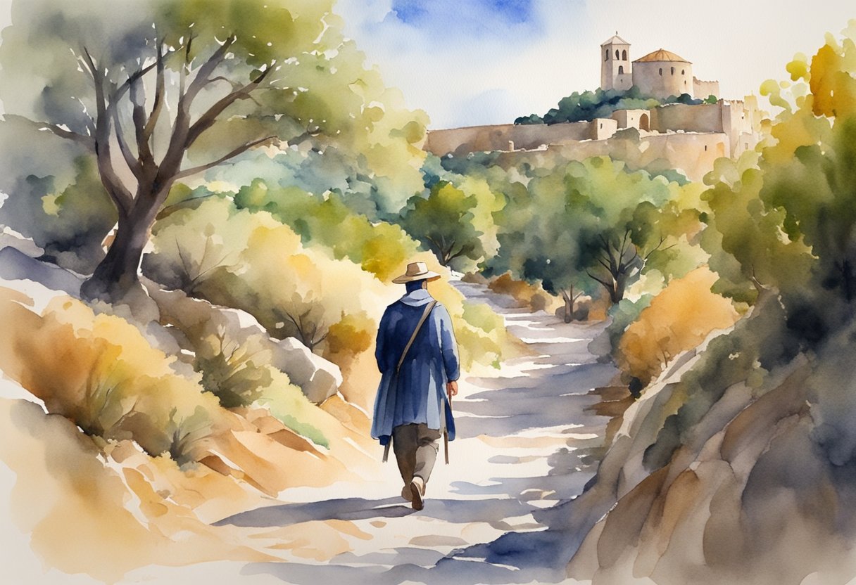 A pilgrim walks along a historic trail in Spain, passing ancient landmarks and cultural sites. The landscape is rich with history and spirituality