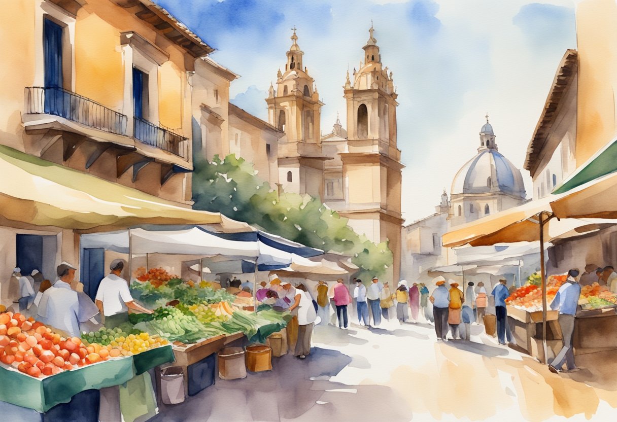 A bustling Spanish market with colorful produce and traditional dishes, surrounded by historic architecture and cultural landmarks