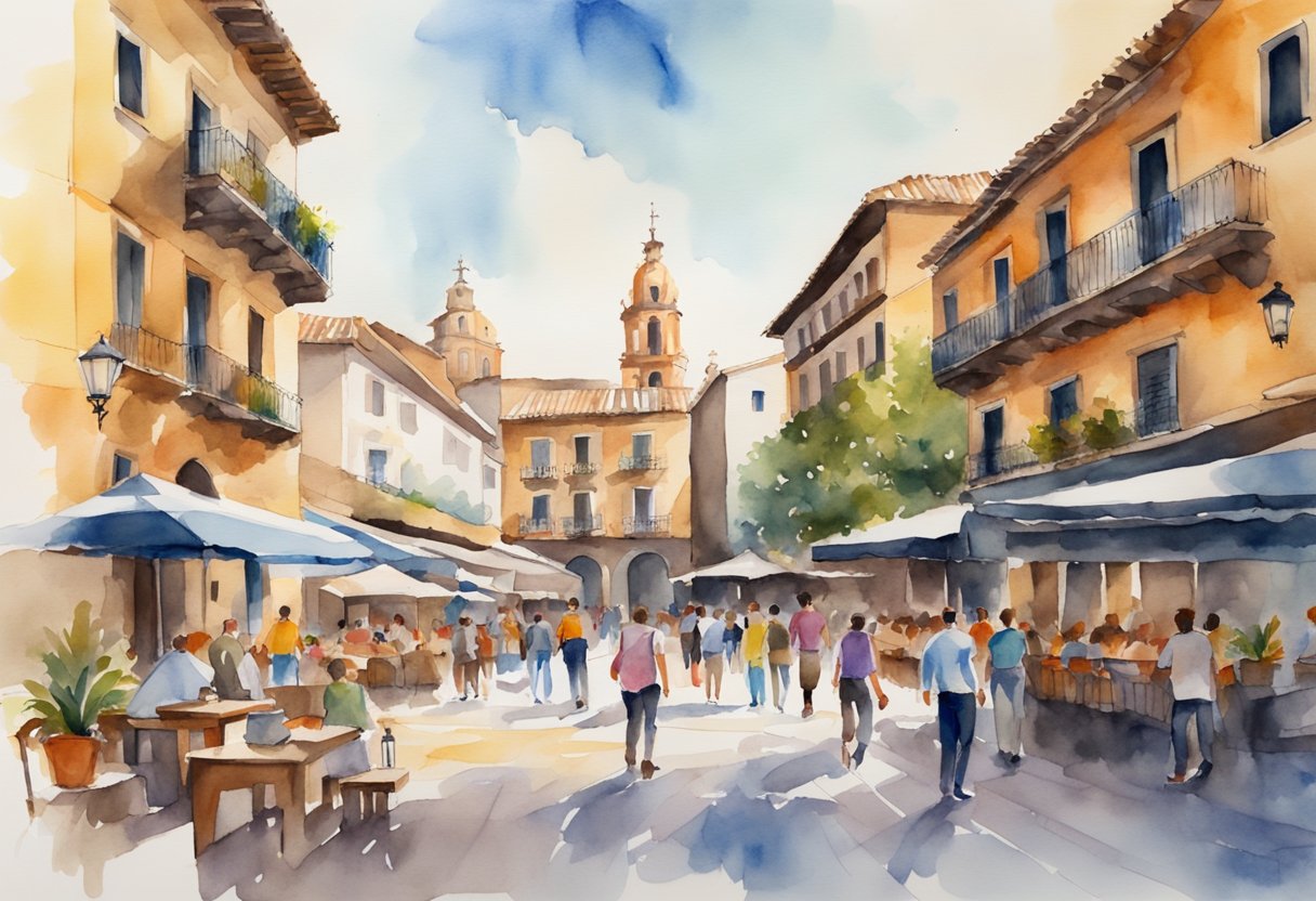 A bustling Spanish plaza with historic buildings, vibrant street art, and locals engaging in traditional cultural activities