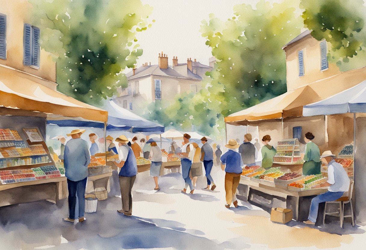 A bustling French market with people browsing books, painting supplies, and gardening tools. A group of friends enjoying a game of petanque nearby