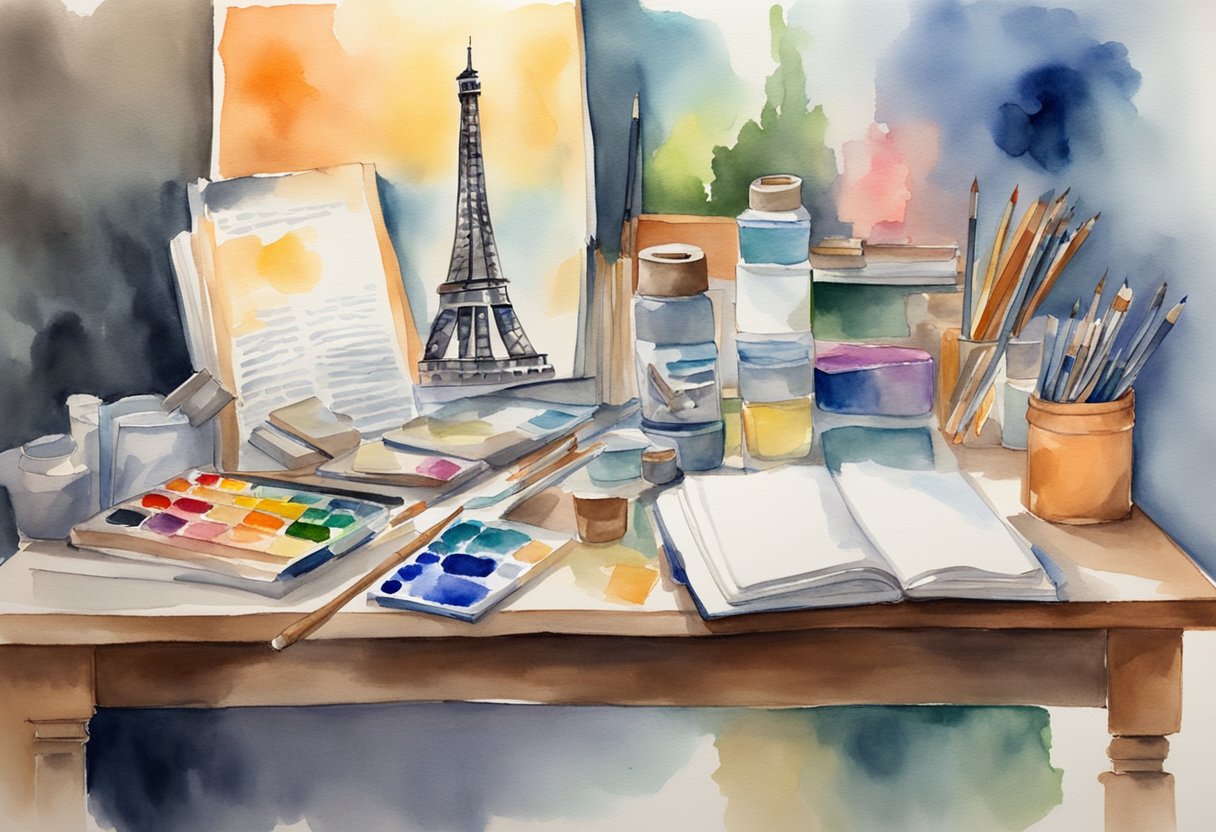 A cluttered desk with art supplies, a sketchbook, and a French history book. A painting of the Eiffel Tower in progress, surrounded by colorful inspiration