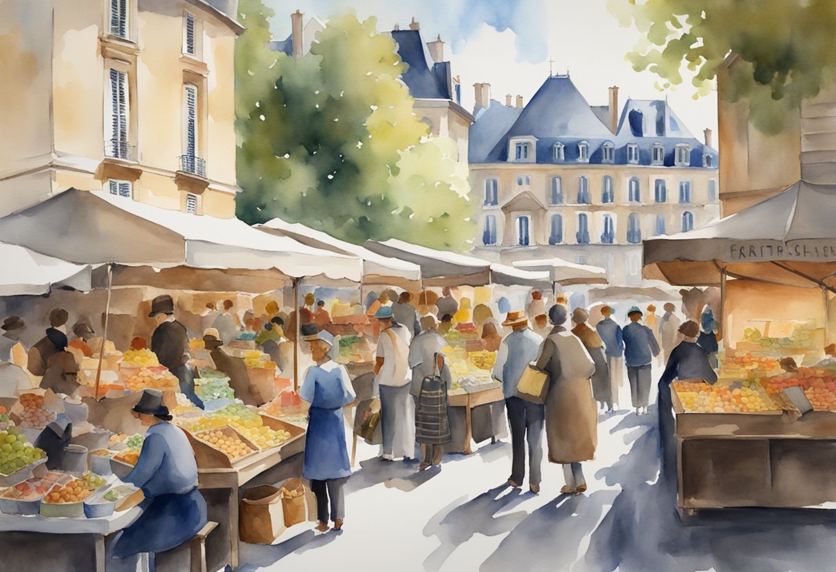 A bustling French market with vendors selling art, books, and musical instruments. People gather to discuss history and culture. A backdrop of iconic French landmarks sets the scene