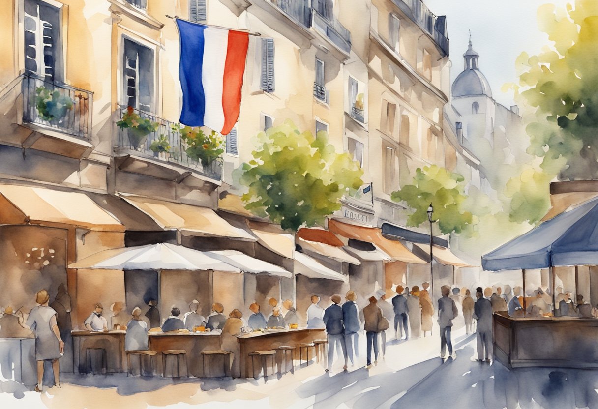 A bustling French festival with colorful decorations, lively music, and people enjoying traditional food and drinks. The scene is filled with laughter and conversation, capturing the essence of French social gatherings