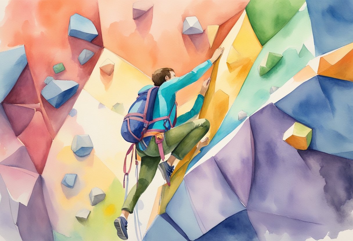 A beginner climber scales a colorful bouldering wall, surrounded by crash pads and chalk bags. The climber's body is tense with effort as they navigate the challenging route