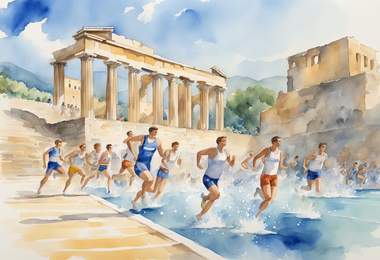 Athletic competitions in Greece: runners racing around ancient ruins, athletes throwing discus in stadium, and swimmers diving into crystal-clear waters