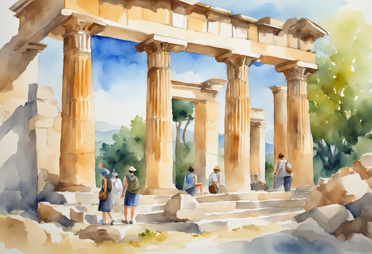 A group of people are exploring ancient ruins in Greece, surrounded by historical artifacts and cultural landmarks. They are engaged in learning and discovering the rich history and culture of the country