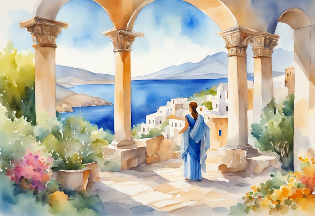 Vibrant Greek landscapes and ancient ruins with traditional music and dance. Colorful costumes and art supplies scattered around