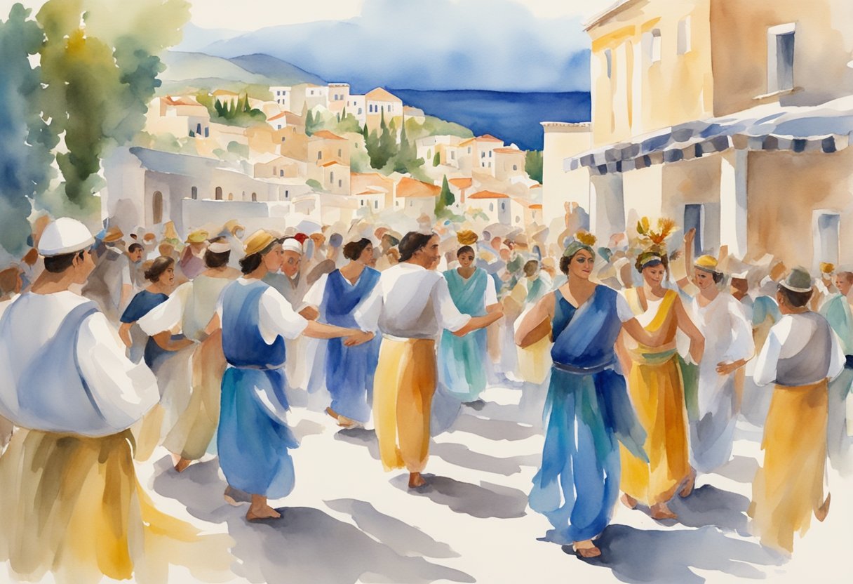 Vibrant Greek festivals and ceremonies, with traditional music and dancing, surrounded by historical landmarks and cultural artifacts