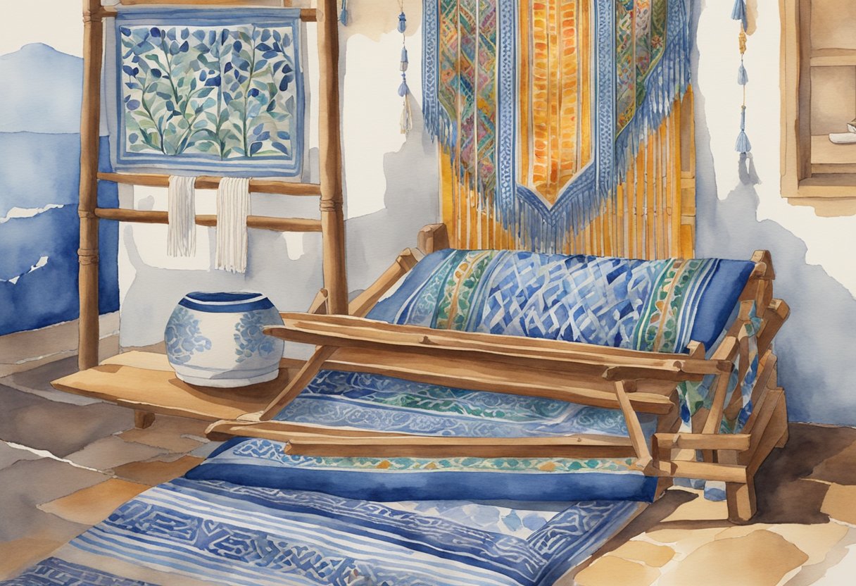 Vibrant Greek textiles displayed in a traditional setting, showcasing intricate patterns and designs. A loom sits in the background, hinting at the ancient art of weaving