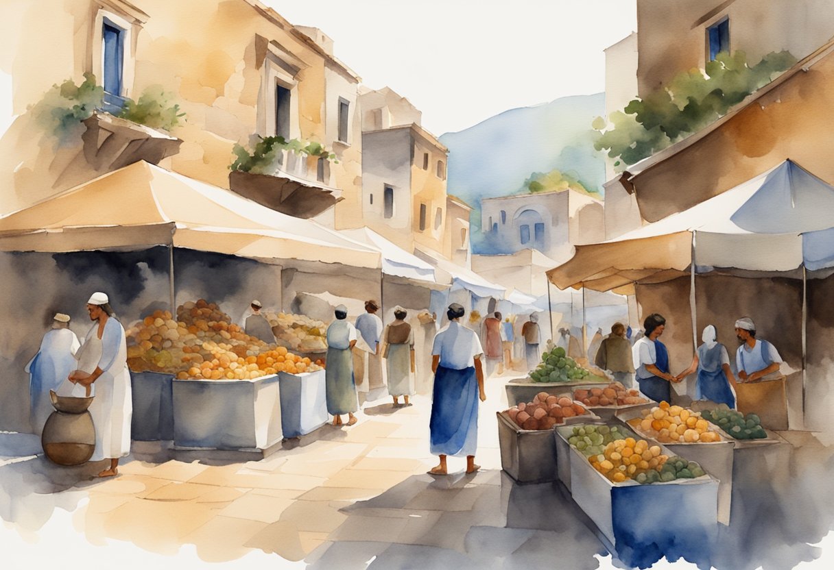 A bustling Greek market with vendors selling ancient artifacts and traditional crafts, surrounded by historic ruins and landmarks