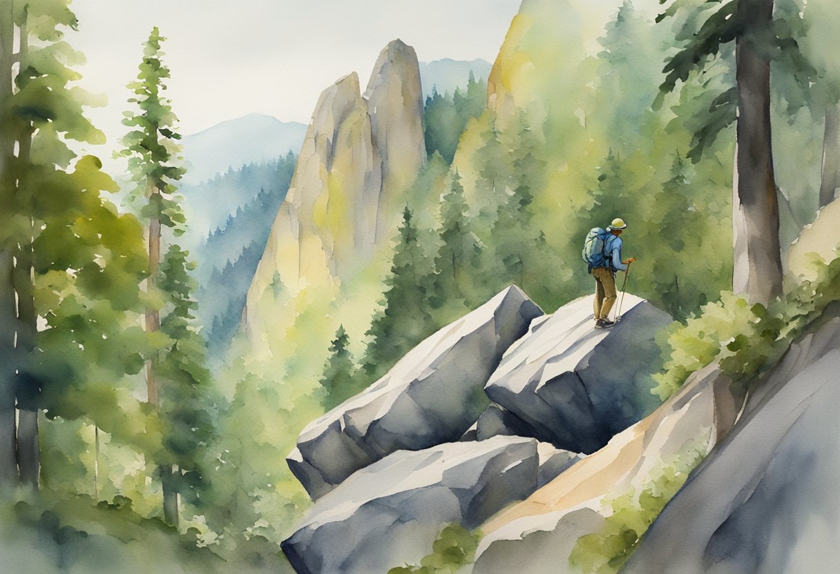 A climber stands at the base of a towering boulder, surrounded by a lush forest. Guidebook and chalk bag lay nearby, as the climber surveys the rock face, seeking the best route to ascend