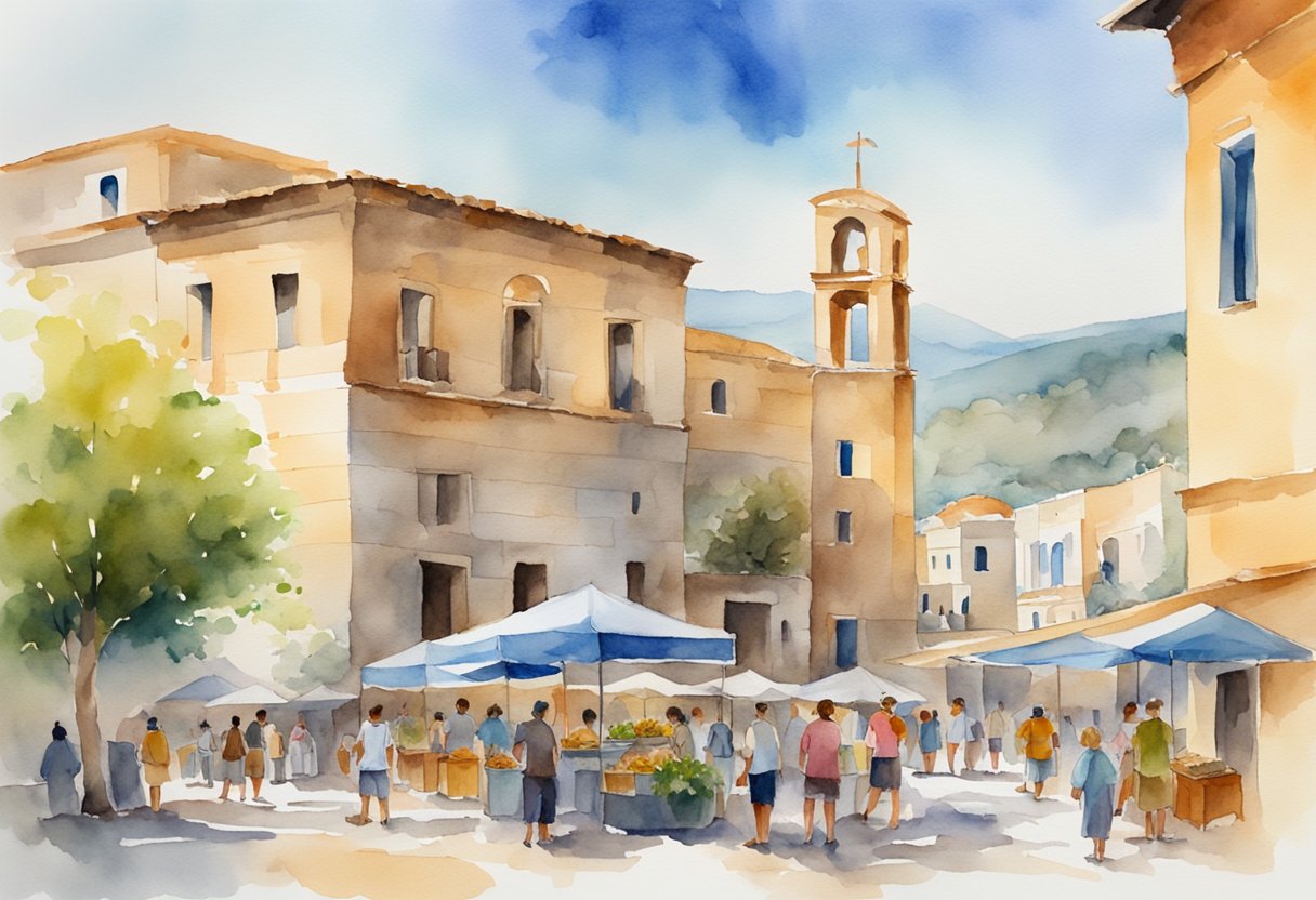 A vibrant market square in Greece, with ancient ruins in the background, and locals engaging in cultural activities