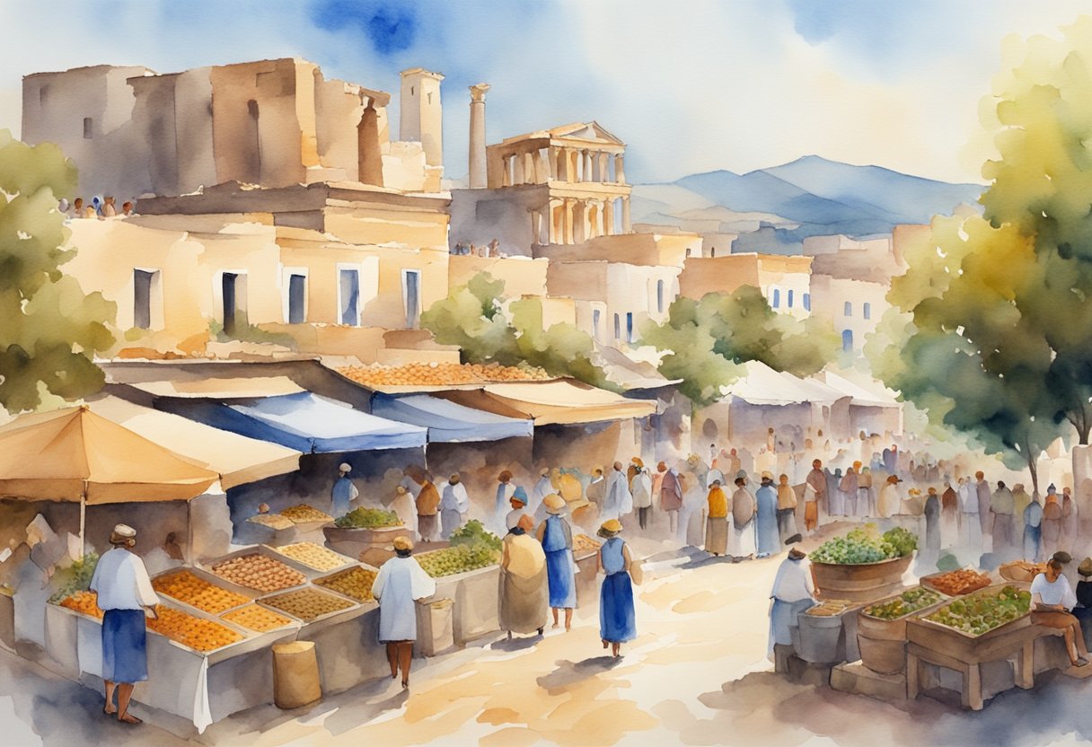 A bustling Greek marketplace with ancient ruins in the background, locals engaging in traditional activities, and vibrant cultural displays