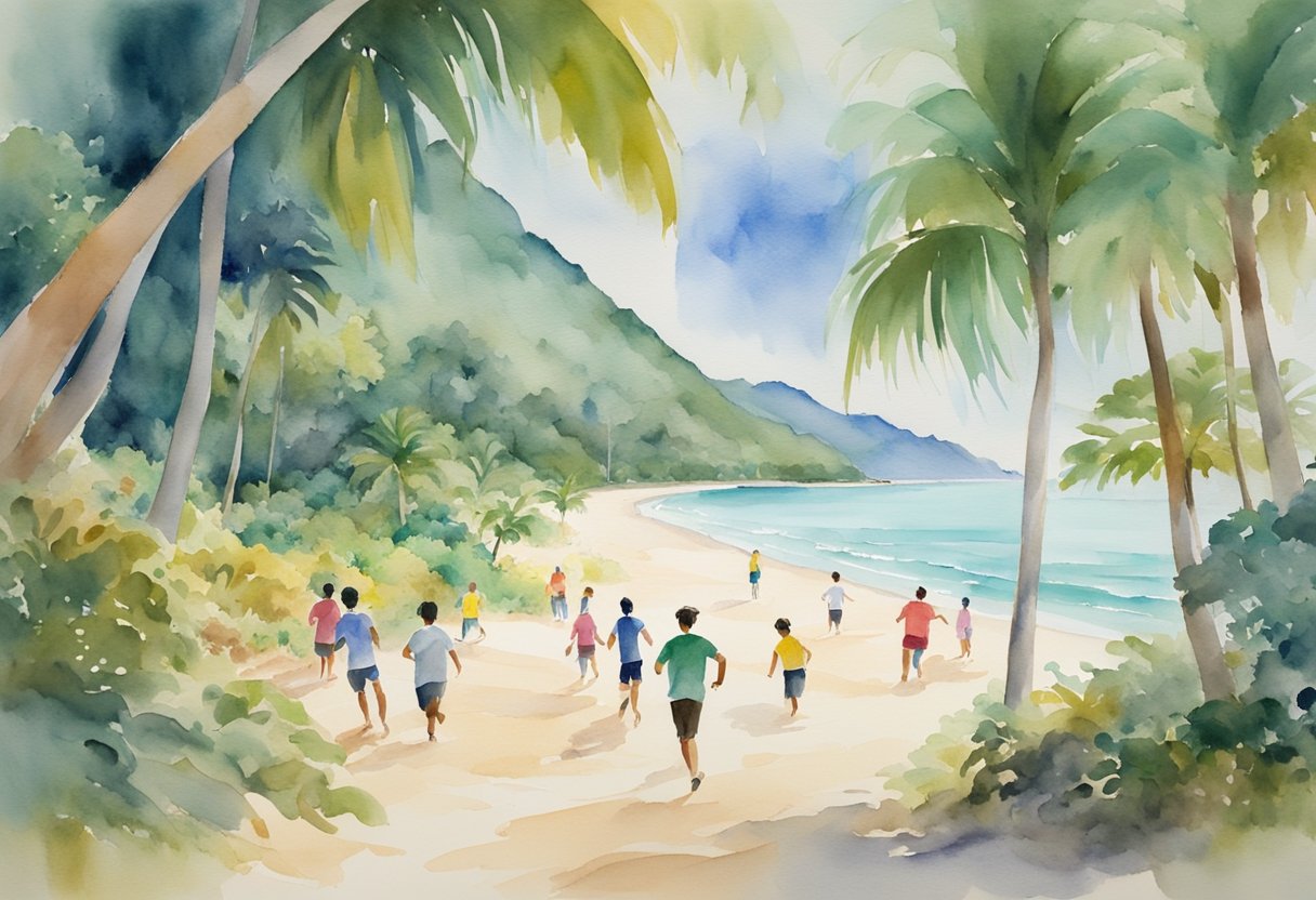 A group of people playing soccer on a sandy beach, surrounded by lush tropical vegetation and colorful buildings. In the distance, a group of hikers trek along a mountain trail