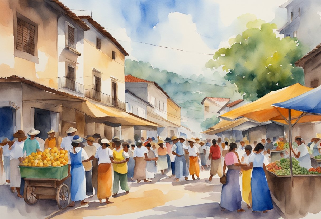 A bustling street market in Brazil, filled with vibrant colors, traditional crafts, and lively music. People are engaged in various cultural activities, such as dancing, cooking, and learning about the country's rich history