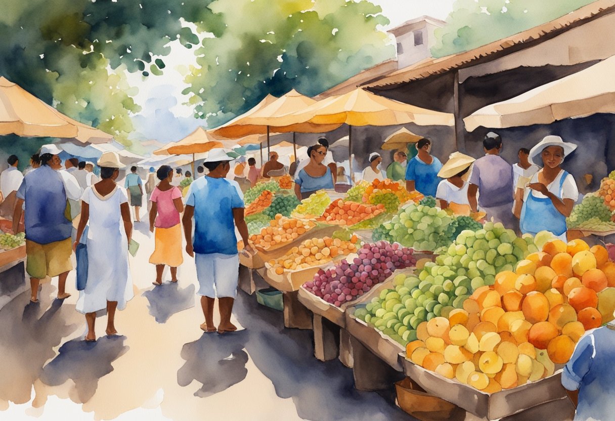 A bustling street market in Brazil showcases colorful fruits, traditional dishes, and local artisans. People gather to explore the rich culinary and cultural offerings of the country