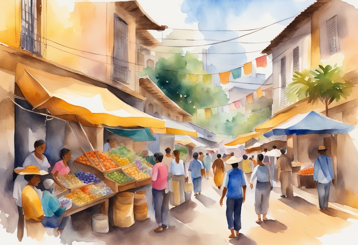 A vibrant street market with vendors selling traditional Brazilian crafts, music playing in the background, and people engaging in various cultural activities