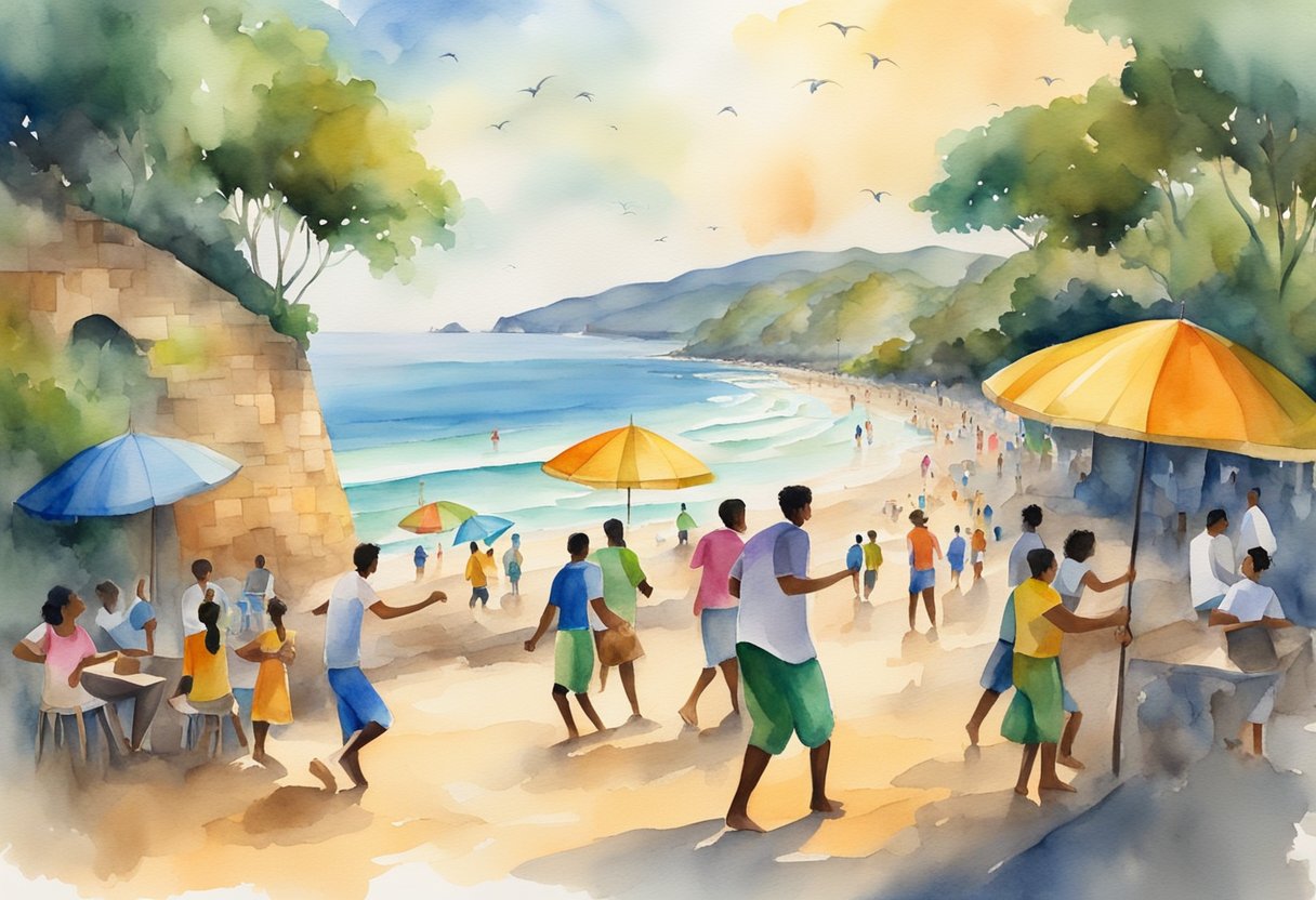 A serene beach with colorful umbrellas, people playing soccer, and others enjoying traditional Brazilian music and dance. The background includes historical landmarks and cultural symbols